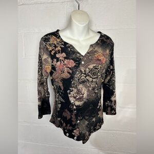 Boho Chik Three-quarter sleeve floral top women’s Size Medium 100% Cotton